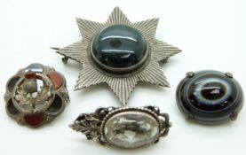Victorian silver brooch set with a green agate cabochon, banded agate brooch, Victorian silver agate