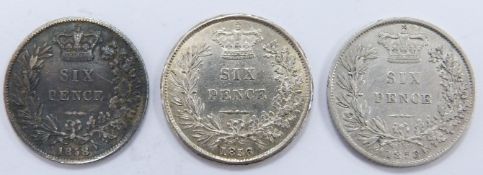 Three Victorian young head sixpences, F-VF grades, 1853, 1856 and an 1858 with narrow date