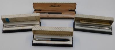 Four Parker pens and propelling pencils comprising 61 propelling pencil, 51 fountain pen and two
