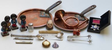 Copper pans small hunting horn, silver items, silver gilt badge etc