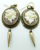 A pair of Victorian earrings each set with a cameo, signed verso