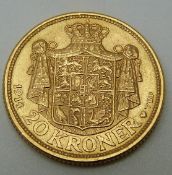 Christian X 1914 Danish gold 20 Kroner coin, 8.98g