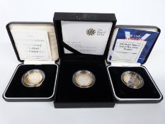 Three silver proof Piedfort £2 coins including 1997, 2005 End of WW2 and 2011 Mary Rose, all cased