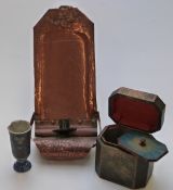 Arts and Crafts hammered copper hanging candle sconce, octagonal tea caddy and a Chinese cloisonné