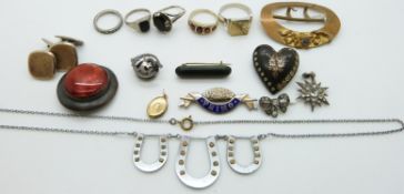 Silver rings, silver brooches, horseshoe necklace by CH Rome, silver cufflinks, paste pendant and