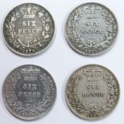 Four young head Victorian sixpences for 1875, 1876, 1877 and 1878, die numbers 4, 6, 27 and 78, F-