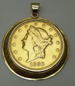 1883 USA twenty dollar gold coin in 14ct gold pendant mount, 43.8g in total