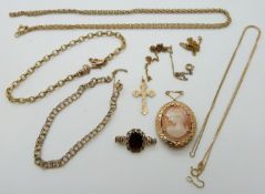 A 9ct gold cross, 9ct gold necklace, two 9ct gold bracelets (20.9g) 18ct gold chain (2g), 9ct gold