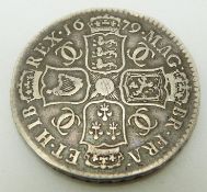 1679 Charles II half crown, fourth bust TRICESIMO edge, GF