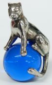 Cartier novelty white metal leopard on a blue glass ball, marked Cartier and 925 to animal, height