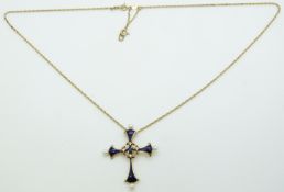 Fabergé 14k gold cross set with blue enamel, seed pearls, sapphire and diamonds