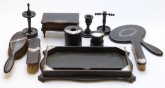 Eleven piece hallmarked silver mounted ebonized dressing table set