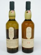 Two bottles of Lagavulin single Islay malt Scotch whisky comprising 16 year old, 43% vol and 12 year