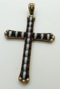 A large Victorian cross pendant set with banded agate cabochons and seed pearls, 8 x 5cm