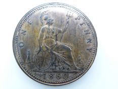 Victorian 1860 bronze young head penny, OT BB, some lustre, EF+