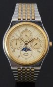 Rotary triple calendar gentleman's wristwatch with inset day and date dials, moonphase, gold Roman