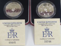 Two Royal Mint 1993 Coronation 40th anniversary silver proof coins or five pound coins, each in