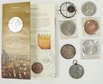 1889 Queen Victoria Jubilee crown together with some modern crowns, medallions etc and a brooch