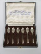 Cased set of six hallmarked silver spoons illustrating six different British hallmarks, maker