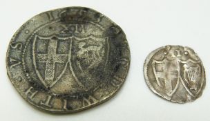 1659 Commonwealth Oliver Cromwell one penny and a museum copy 1653 shilling