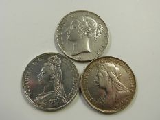 A trio of Victorian crowns comprising young head 1844, VIII with cinquefoils, 1896 LX veiled head,