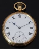 English Watch Co 18ct gold keyless winding open faced pocket watch with inset subsidiary seconds
