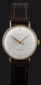Rolex Precision 9ct gold gentleman's wristwatch with gold hands and baton markers, silver face and