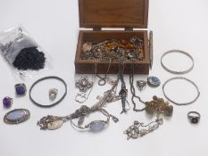 A collection of silver jewellery including rings, brooches, moonstone necklace, silver pen, RAF