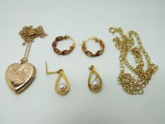 Two 9ct gold chains, two pairs of 9ct gold earrings (7g) and a 9ct gold back and front locket