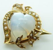 Victorian / Edwardian heart shaped brooch set with seed pearls and a large moonstone cut in a