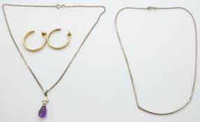 A pair of yellow metal earrings (5.3g) and two silver necklaces