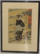Toyokuni 3rd (Kunisada) c1840 Japanese woodblock print of a female figure, 37cm x 25cm