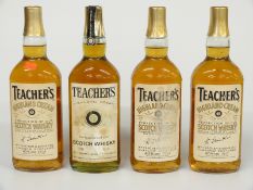 Four bottles of Teacher's Highland Cream Scotch whisky, one 26 2/3 fl oz, 70% proof, the other three