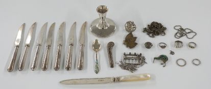 Hallmarked silver dwarf candlestick, hallmarked handled knives, possibly Georgian hallmarked