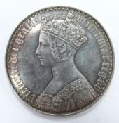 Victorian 1847 silver Gothic crown, MDCCCXLVII UNDECIMO edge, VF-EF