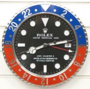 Rolex Oyster Perpetual GMT-Master II dealers shop display advertising wall clock with black face,
