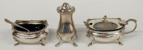 Hallmarked silver mustard with blue glass liner, matching pepper, open salt with blue glass liner