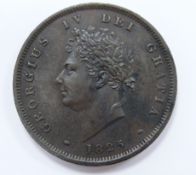 1825 George IV copper penny, EF near unc, toned with a little lustre