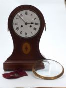 Twentieth century balloon style clock with inlaid case, Roman enamel dial, spade hands, two train