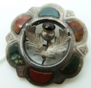 Scottish silver brooch set with agate and a thistle to the centre, by WH