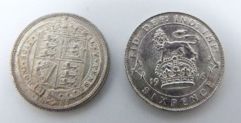 Victorian 1887 Jubilee head sixpence, shield reverse, unc, together with a 1916 George V example,