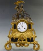 Nineteenth century gilt brass and metal mantel clock with enamel Roman dial, Breguet style hands and