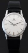 Omega gentleman's wristwatch with silver hands and baton markers, cream face and stainless steel