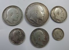 1902 Edward VII crown, GF, together with five others including half crown 1906, two florins, F,