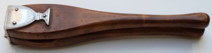 19thC mahogany hinged tool with plated hinges in the form of goblets, 26cm