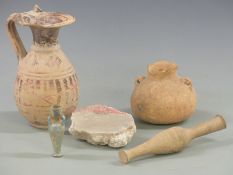 A quantity of ancient ceramics including Roman spindle flask, Roman fresco, Greek jug etc