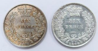 1844 young head Victorian sixpence together with an 1845 example, both GVF