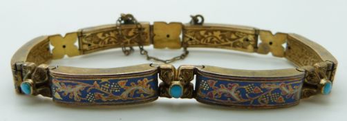 Victorian bracelet set with blue enamel depicting acorns and floral links set with turquoise