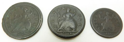 George I 1718 halfpenny, F, together with a 1723 example on larger flan, F, and a 1719 larger flan
