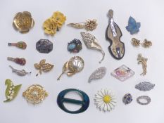 A collection of brooches including Miracle, Sarah Coventry, lucite, micro mosaic etc